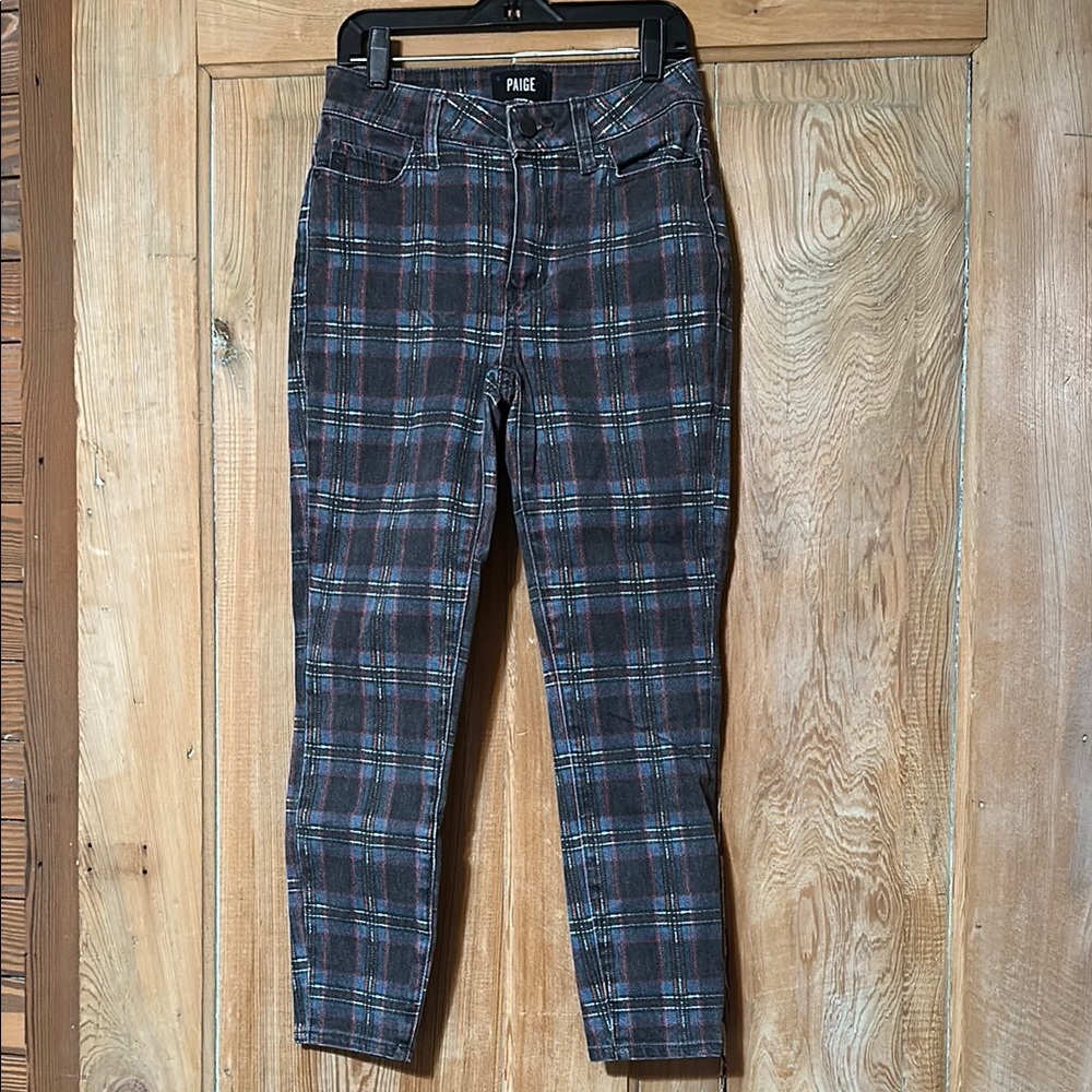 PAIGE Blue and Gray Skinny Jeans with Plaid Design